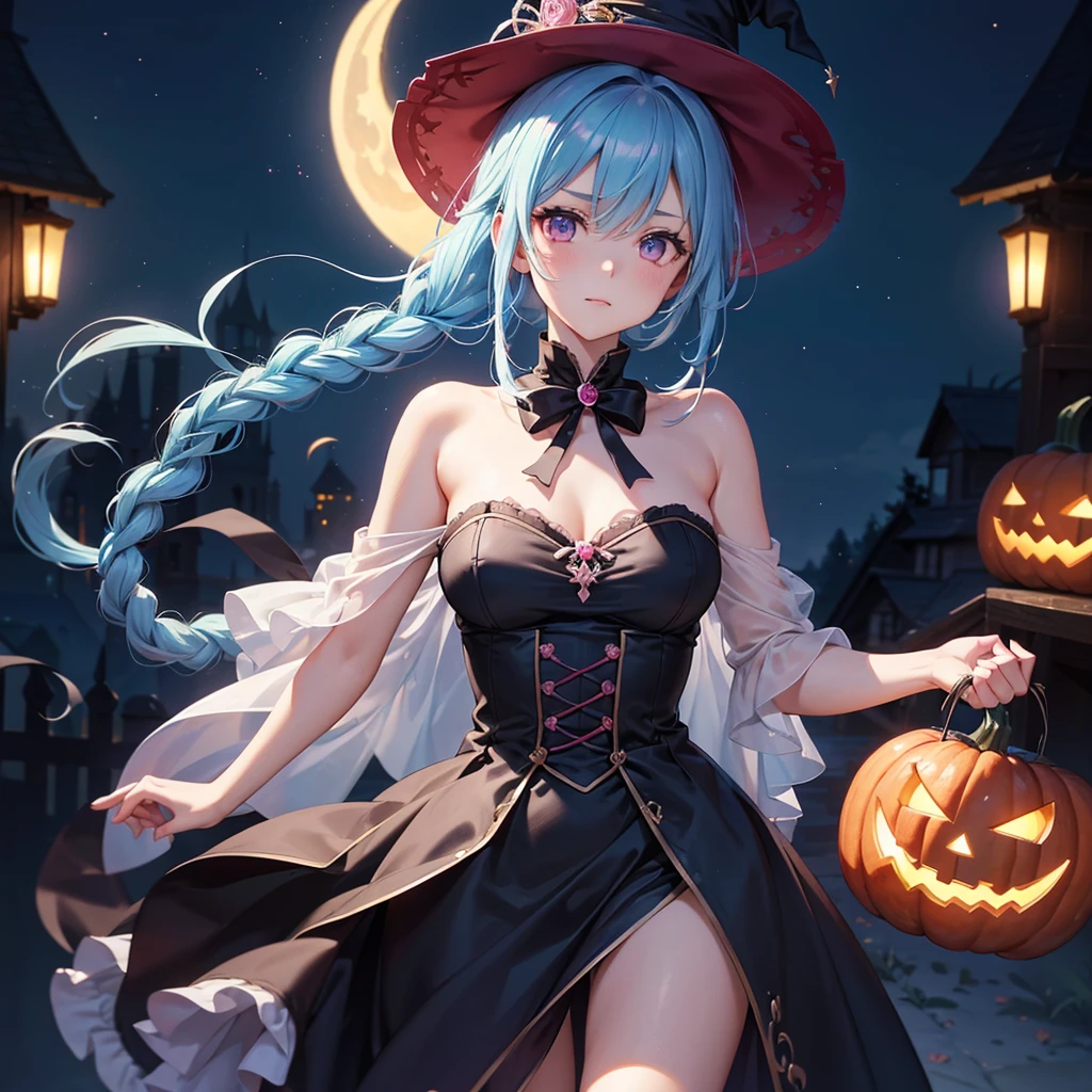 (Sky Blue Hair),(Braided medium hair), (Pink Eyes),Fair skin) ,(whole body),(One Girl),(Crescent Moon),(There are many pumpkin ghosts in the background),(If you don't give me sweets, I'll be mischievous.),Halloween Night Party),(masterpiece, Highest quality, Very detailed, Best Shadow), (Detailed Background), (Beautifully detailed face), High Contrast, (Best lighting, Very delicate and beautiful), ((Cinematic Light)), Hyper Detail,8k, Dramatic Light, Intricate details,Witch&#39;s Clothes,Magic broom,Flying bats in the sky,