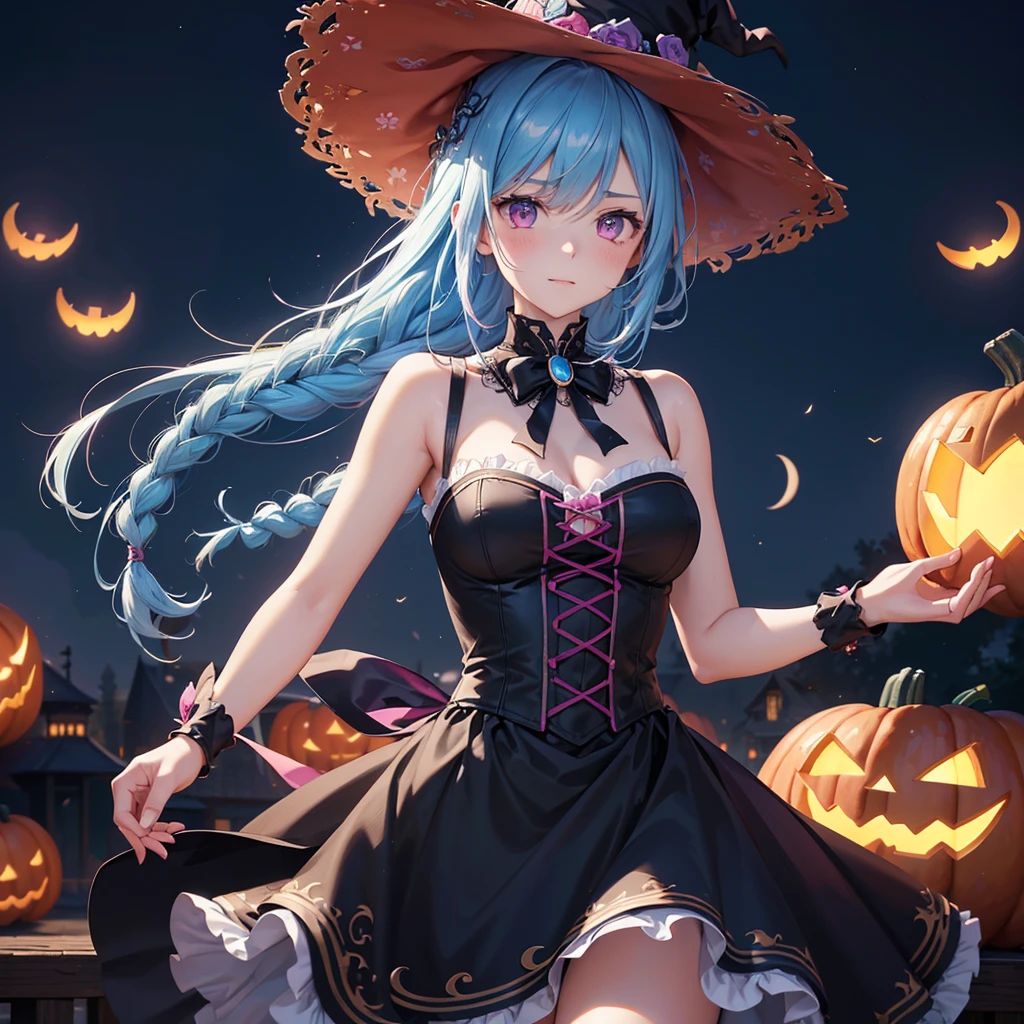 (Sky Blue Hair),(Braided medium hair), (Pink Eyes),Fair skin) ,(whole body),(One Girl),(Crescent Moon),(There are many pumpkin ghosts in the background),(If you don't give me sweets, I'll be mischievous.),Halloween Night Party),(masterpiece, Highest quality, Very detailed, Best Shadow), (Detailed Background), (Beautifully detailed face), High Contrast, (Best lighting, Very delicate and beautiful), ((Cinematic Light)), Hyper Detail,8k, Dramatic Light, Intricate details,Witch's Clothes,Magic broom,Flying bats in the sky,