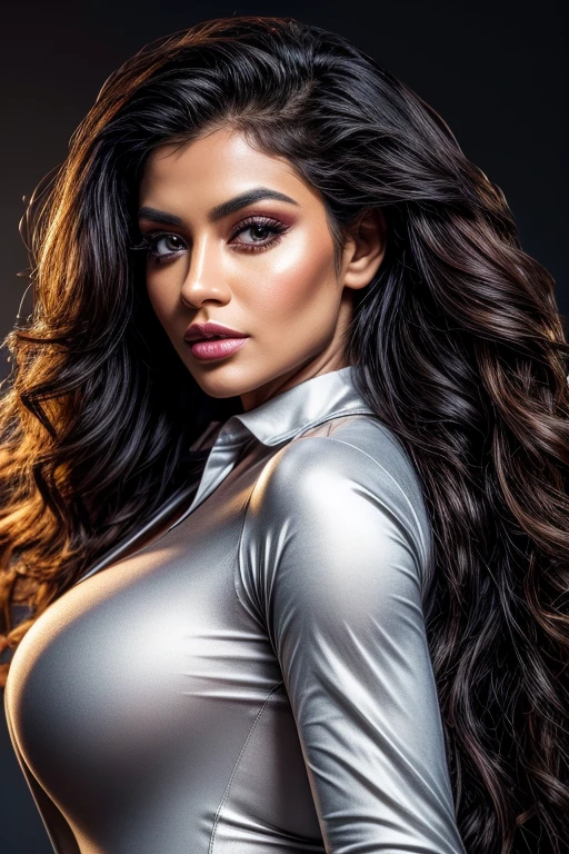 (best quality,4k,Alto:1.2),ultra-detalhado,Realistic, photo, professional, studio lighting, vivid colors, sharp focus, Physically-based rendering,HDR, extremely detailed eyes and face, beautiful detailed lips, long eyelashes,shiny silk shirt, Actriz Toochi Kash, woman 20 years, black wavy hair, Curvy, Looking at the Viewer,