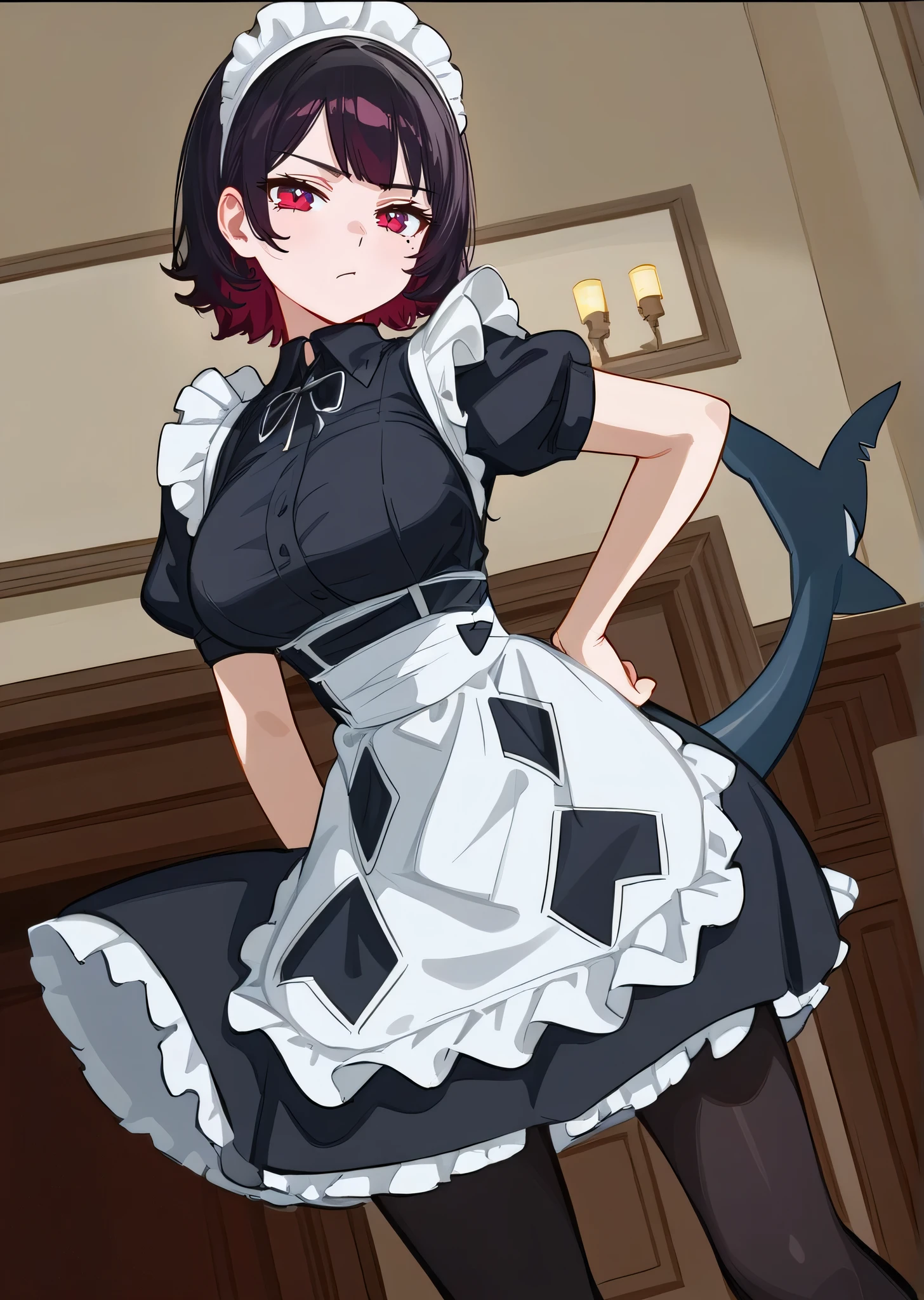 [ellen joe], ((masterpiece)), ((solo portrait)), ((waist up)), ((low angle view)), ((HD)), ((High res)), ((anime)), ((detailed shading)), ((cinematic lighting)), {(attractive figure), (long shark tail), (cute maroon eyes), (short eyelashes), (cute mole on cheek), (two-toned hair), (short black hair with red), (large breasts), (defined toned legs), (bored expression)}, {(maid short sleeved dress), (maid hairband), (white apron), (black checker-pattern pantyhose)}, {(hand on hip), (looking at viewer)}, [ambient lighting, living room, mansion, lamp light]