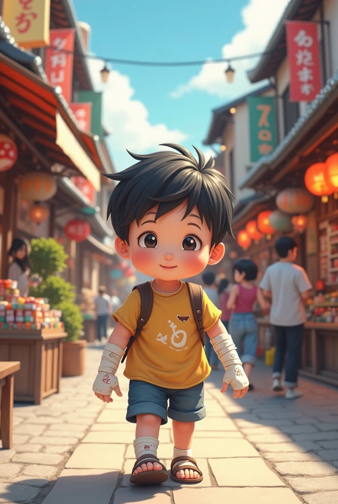 Cute Japanese boy shopping with casts on both arms
