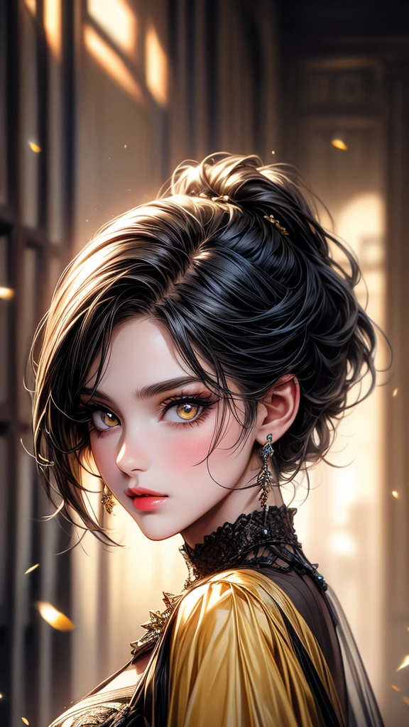 A cute girl, little sister, beautiful detailed eyes,beautiful detailed lips, black hair, short hair, yellow eyes, off-soldiers, beautiful dress, extremely detailed eyes and face,long eyelashes, illustration, ultra-detailed, best quality, 4k, 8k, highres, masterpiece:1.2,ultra-fine painting,sharp focus,professional,vivid colors,portraits, parted lips.