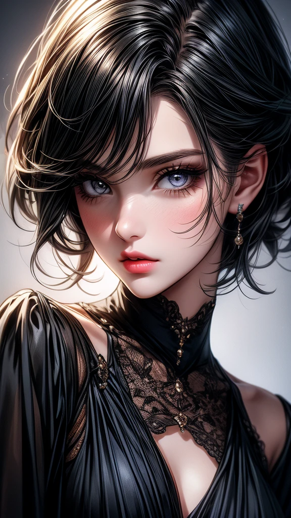 A cute girl, little sister, beautiful detailed eyes,beautiful detailed lips, black hair, short hair, yellow eyes, off-soldiers, beautiful dress, extremely detailed eyes and face,long eyelashes, illustration, ultra-detailed, best quality, 4k, 8k, highres, masterpiece:1.2,ultra-fine painting,sharp focus,professional,vivid colors,portraits, parted lips.