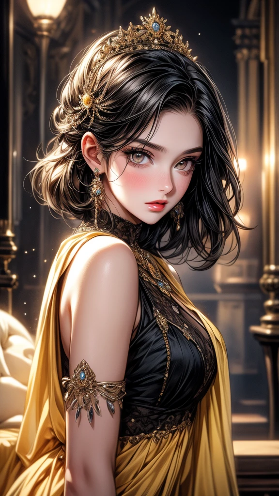 A cute , littter, beautiful detailed eyes,beautiful detailed lips, black hair, short hair, yellow eyes, off-soldiers, beautiful dress, extremely detailed eyes and face,long eyelashes, illustration, ultra-detailed, best quality, 4k, 8k, highres, masterpiece:1.2,ultra-fine painting,sharp focus,professional,vivid colors,portraits, parted lips.