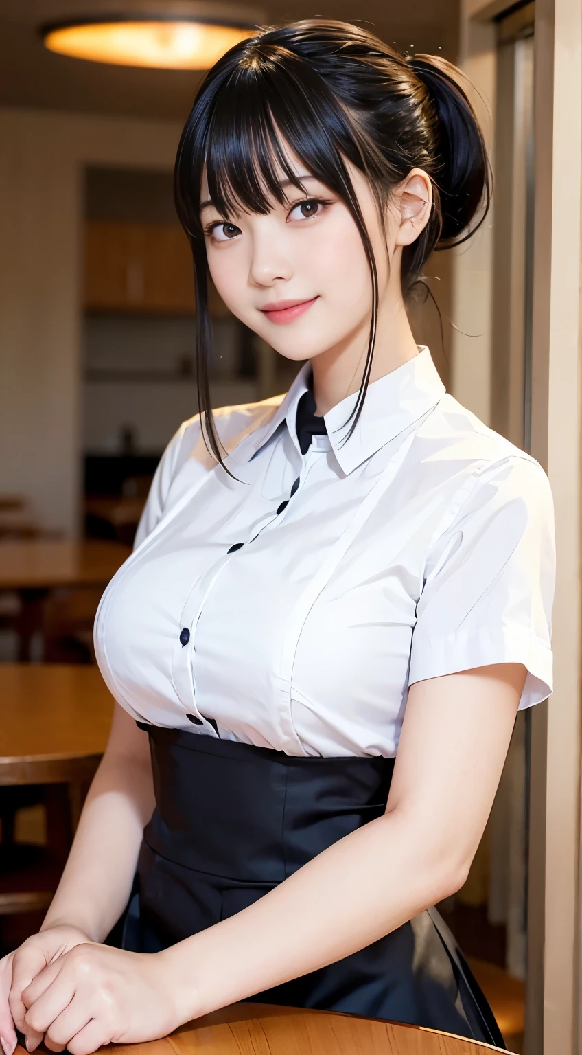 (Highest quality,masterpiece:1.3,Ultra-high resolution,),(Very detailed,Caustics),(Realistic:1.4,RAW shooting,)Ultra-Realistic Capture,Very detailed,High resolution 16K human skin closeup。 Natural skin texture、,pores、、、、It must be detailed enough to be easily identifiable。 Skin tone is even and healthy looking。 Use natural light and colour,restaurant,Waitress Uniform,1 girl,Japanese,18-year-old,cute,Black-haired,ponytail,Big Breasts,smile,Turn your body forward,(Front view:1.1),Looking into the camera,Cowboy Shot,