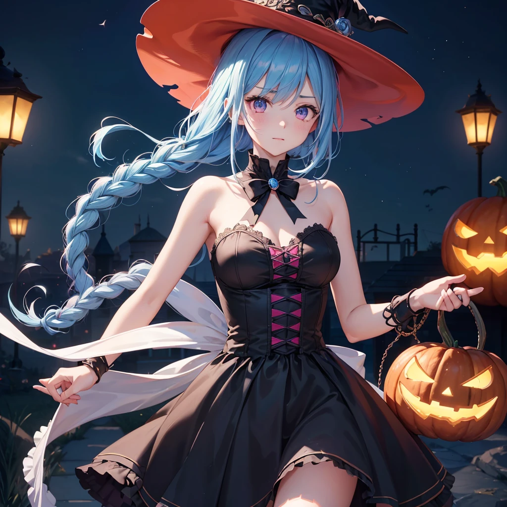 (Sky Blue Hair),(Braided medium hair), (Pink Eyes),Fair skin) ,(whole body),(One Girl),(Crescent Moon),(There are many pumpkin ghosts in the background),(If you don't give me sweets, I'll be mischievous.),Halloween Night Party),(masterpiece, Highest quality, Very detailed, Best Shadow), (Detailed Background), (Beautifully detailed face), High Contrast, (Best lighting, Very delicate and beautiful), ((Cinematic Light)), Hyper Detail,8k, Dramatic Light, Intricate details,Witch's Clothes,Magic broom,night,Flying bats in the sky,