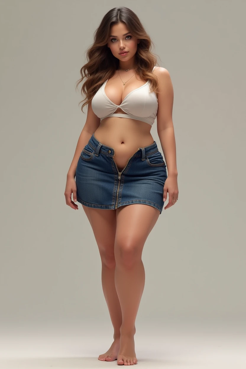 mini denim tight skirt,Skirt zipper fully open,Clothes that don't fit,Clothes that seem to be bursting,Miniryu Tube Top,stomach,belly button,Busty as if bursting,Underboob,Cleavage,barefoot,