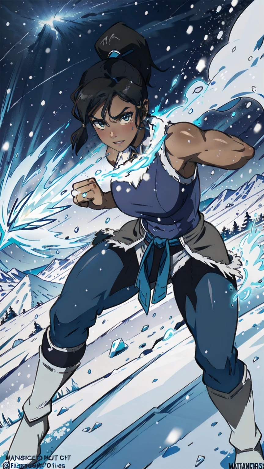 (Whole body:1.4), promotional art, masterpiece, 1girl, solo, muscular girl, standing straight, fighting ready pose, closed fists, korra, dark skin, dark-skinned female, ponytail, hair tubes, short hair, sleeveless, bare shoulders, strong shoulders, thighs showing, vast snow field, surrounded by mystical ring of fire, night, dramatic lighting strikes, 
