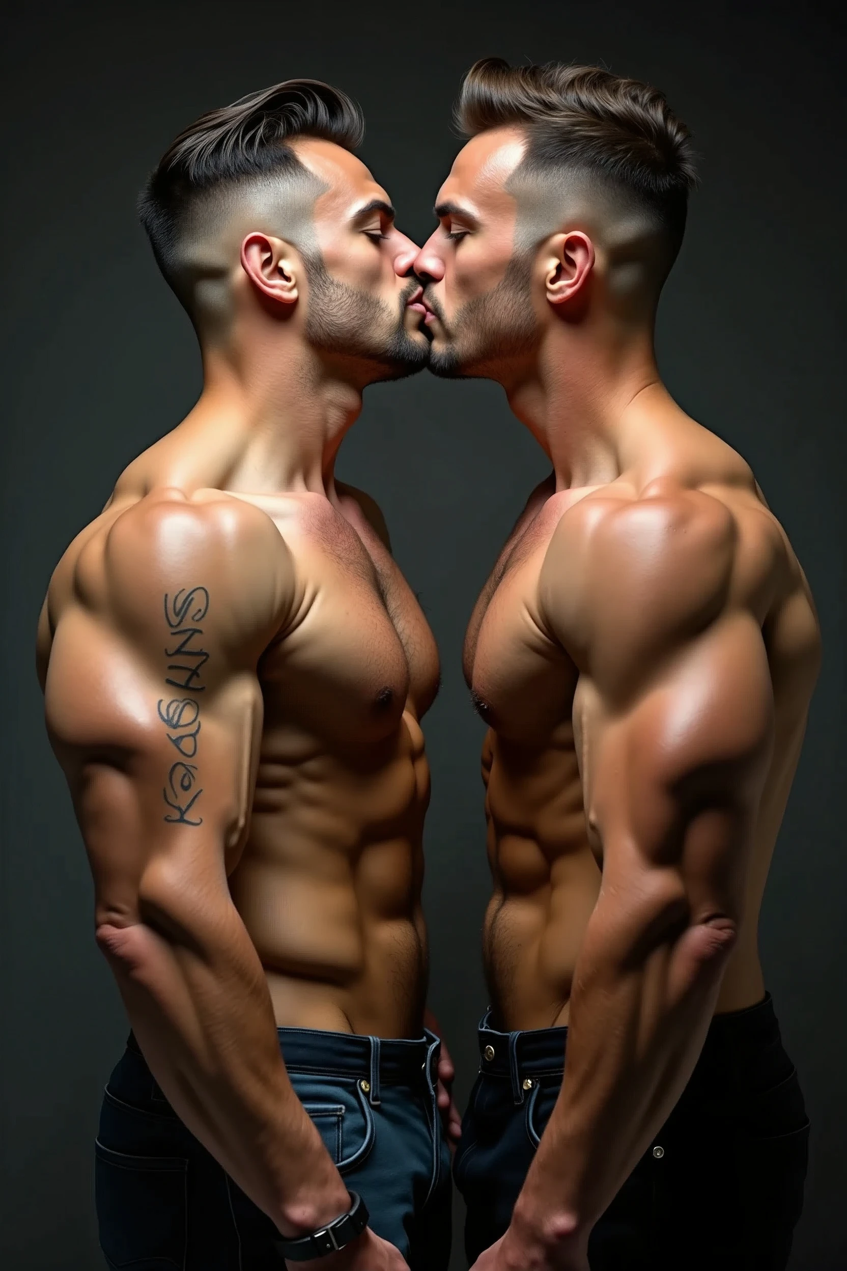 Two bodybuilders men kiss together shirt less