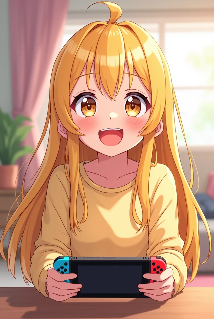 sorry、That was a bad explanation。Draw a girl playing a game in anime style。cute！Yaruyan！but、I like girls with long blonde hair。it's cool！Nintendo Switchをさせて、Please draw me looking like I&#39;m having fun