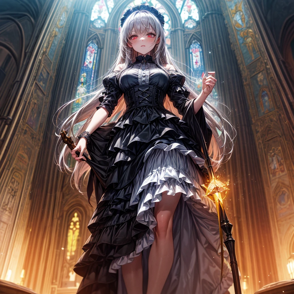 quality,8k,Highly detailed CG unit, masterpiece,High resolution,top-quality, real texture skin,Surreal,Increase the resolution,RAW Photos,最高quality,Very detailed,From below,Cool Beauty,Glamour Women, Cute pose,Gothic Lolita,A skirt full of frills,Red accent embroidery,long hair shining white, Mysteriously glowing crimson eyes, Queen, world, Crystal Flower,Sparkling stained glass like a kaleidoscope,Majestic cathedral,Layered skirt with details, Detailed embroidery, Very layered ruffles, Detailed Texture,A geometric magic circle above your head,Ornamented silver walking stick,The hidden forbidden sanctuary,