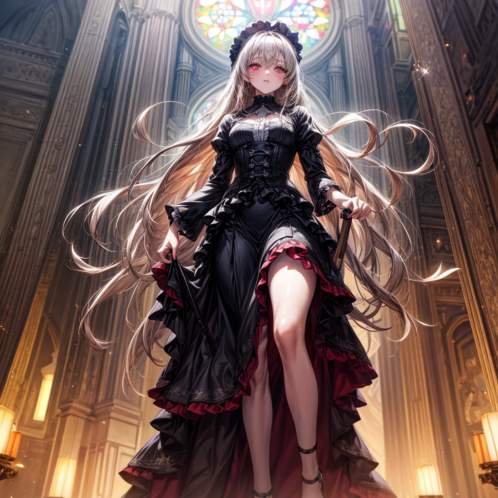 quality,8k,Highly detailed CG unit, masterpiece,High resolution,top-quality, real texture skin,Surreal,Increase the resolution,RAW Photos,最高quality,Very detailed,From below,Cool Beauty,Glamour Women, Cute pose,Gothic Lolita,A skirt full of frills,Red accent embroidery,long hair shining white, Mysteriously glowing crimson eyes, Queen, world, Crystal Flower,Sparkling stained glass like a kaleidoscope,Majestic cathedral,Layered skirt with details, Detailed embroidery, Very layered ruffles, Detailed Texture,A geometric magic circle above your head,Ornamented silver walking stick,The hidden forbidden sanctuary,