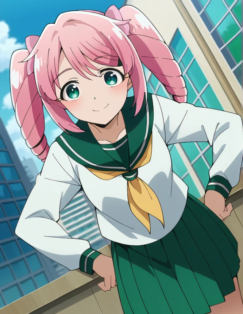 score_9, score_8_up, score_7_up, source_anime,
harukahanabishi, haruka hanabishi, twintails, green eyes, pink hair,
skirt, shirt, long sleeves, school uniform, white shirt, pleated skirt, serafuku, sailor collar, neckerchief, green skirt, green sailor collar,
outdoors, cityscape, bent over, smile,
looking at viewer, dutch angle, cowboy shot