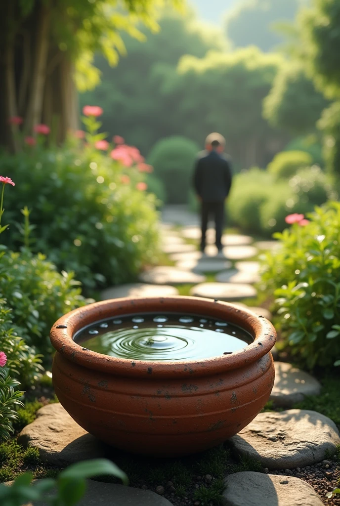 In the garden, he spotted a clay pot with some water at the bottom. 