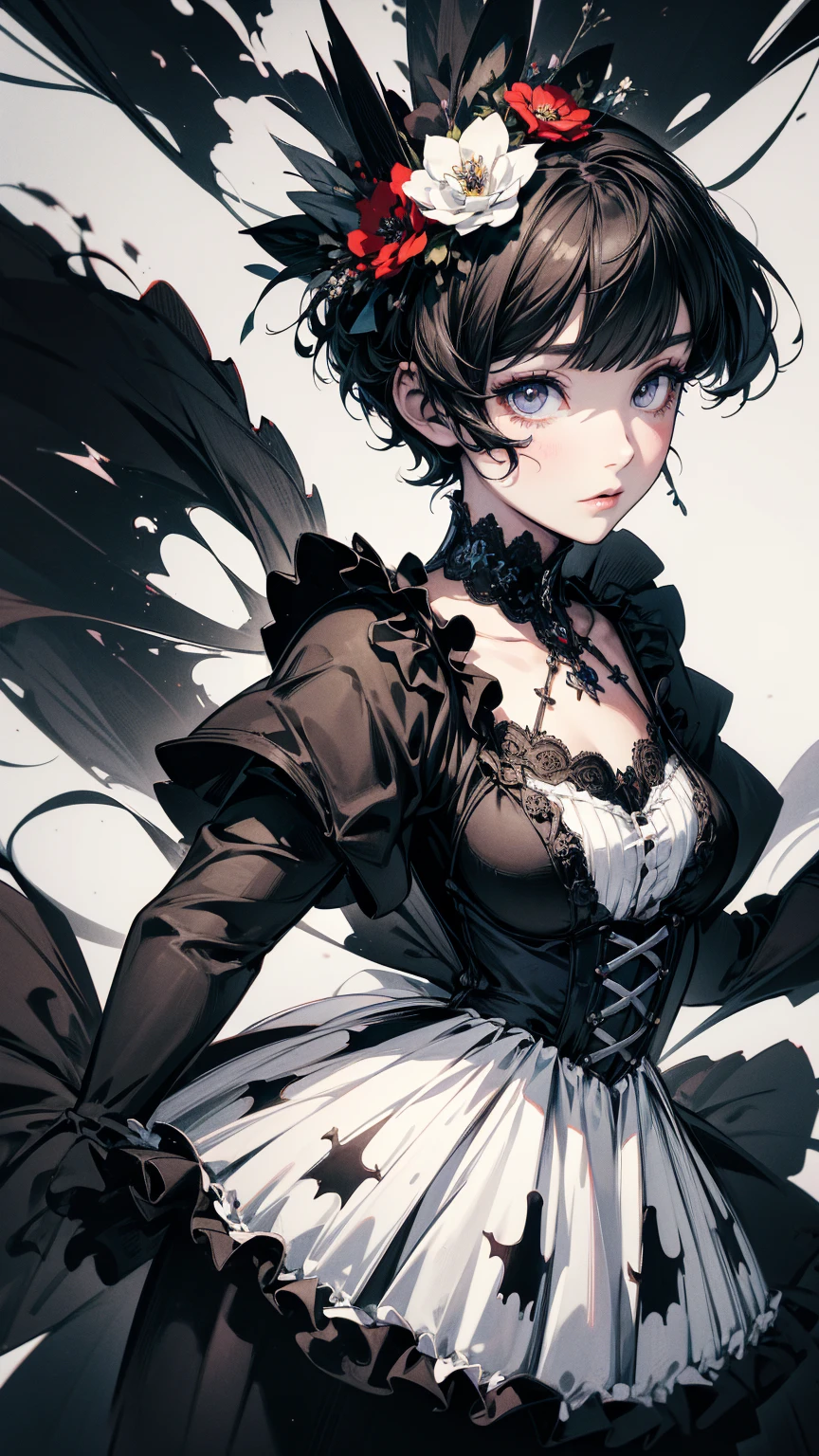 Top view, Woman with asymmetrical short hair, Gothic Lolita Fashion, A dynamic pose, Collage with flowers, Abstract background, Anime Style, Simple lines, Digital Painting, (masterpiece, High resolution, Highest quality)