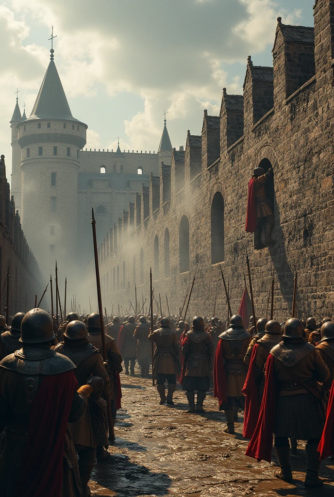 Defenders at the Walls: Citizens of Tottenburg pouring boiling water and hot tar from the top of the walls onto the soldiers climbing up ladders. The ladders are being pushed away by the defenders. Kingdom timeline