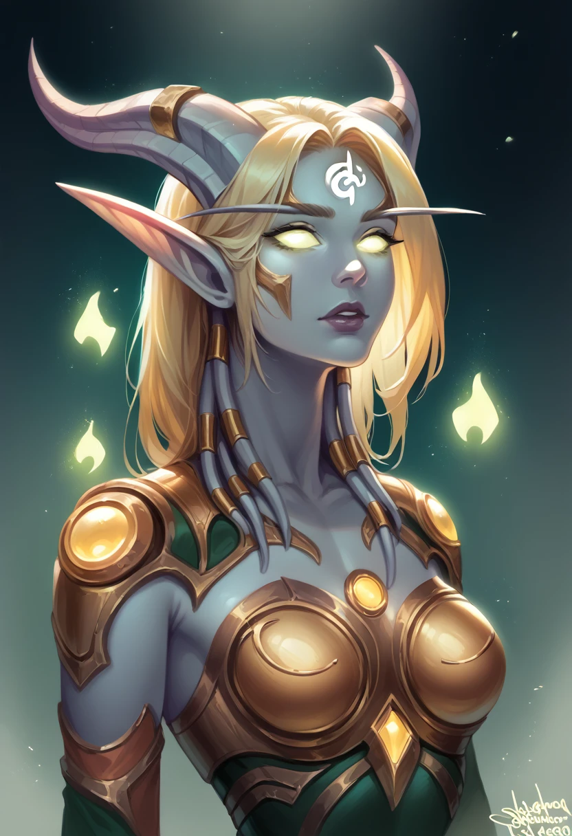 a hybrid woman with long elf ears and draenei horns, large chest, narrow waist, wide hips, cyborg body parts, glowing gold eyes, gold tinted skin, gold hair, facial tattoos, mechanical parts with gold liquid, sci-fi, intricate details, hyper realistic, cinematic lighting, dark fantasy, chiaroscuro,volumetric lighting,glowing energy,photorealistic,8k,best quality,masterpiece