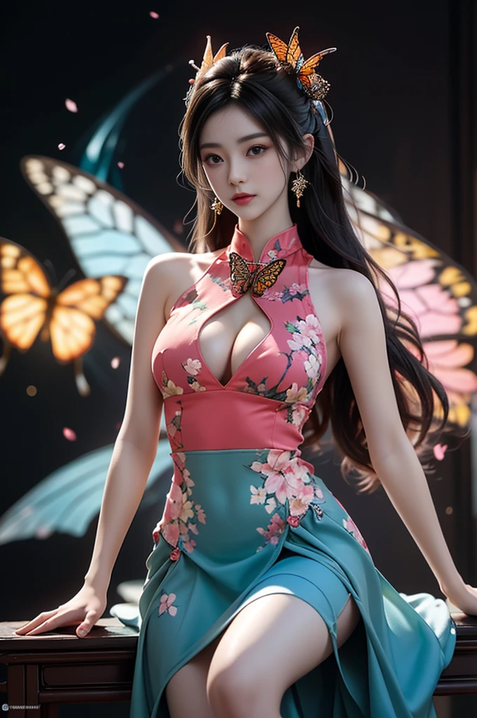 newchinesestylesuit, Beautiful dance dynamics , Sitting, Long legs , Calf((Flowing long hair))Official Art , Unity8k Wallpaper , Extremely detailed , Visible cleavage, Pretty and beautiful , Sexy long legs, masterpiece , best quality ,Practical, Very detailed illustrations ,Extremely detailed , Intricate details , Extremely complex and detailed , Very detailed 8KCG wallpaper , Caustics .reflection , Ray Tracing , Devil Theme ,nebula ,Dark aura, Network Effects , (1 Girl)Solitary , 小蓝Butterfly , Dozens of monarch butterflies around , (Blue plasma flame , (insect , Butterfly)) 圣光Butterfly天使 , Butterfly翅膀 , Pastel tones in Rococo style ,Light white and light dark red , Incredibly beautiful , Cherry blossoms , Surrealism ,painting , Ethereal , Mixing reality and fantasy elements ,Ray Tracing , Complex patterns , Delicate lines , Perfect your hands, Starry Sky , rich and colorful , Star