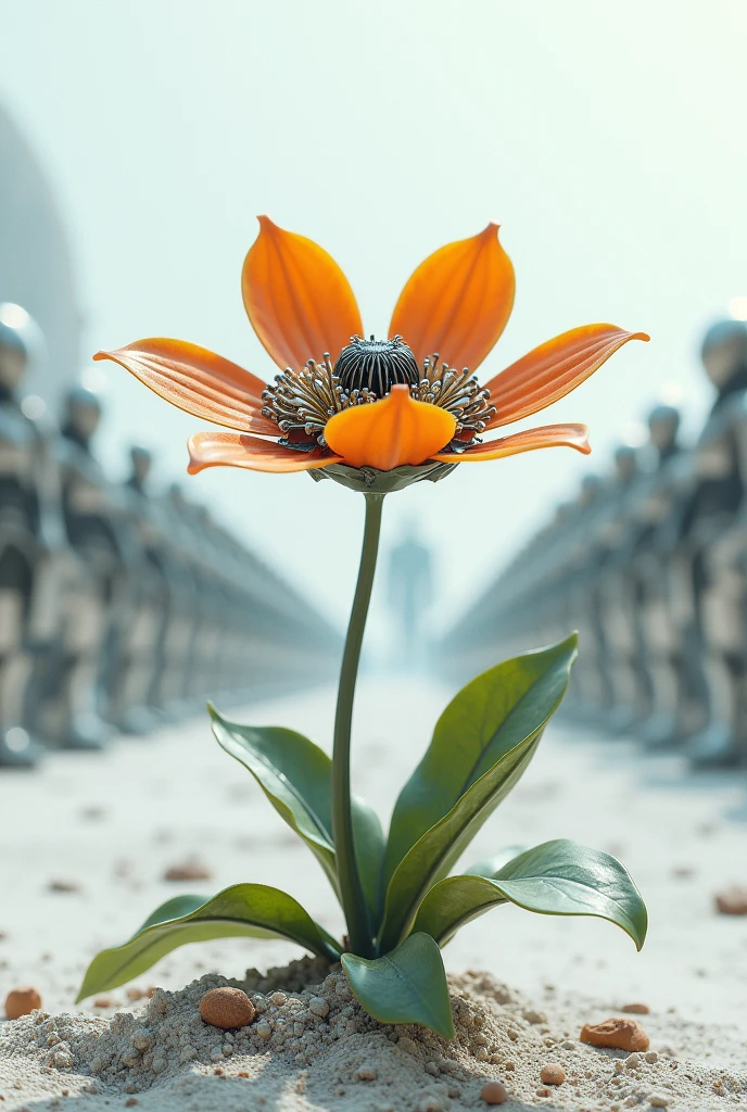 generate an image for me of a slightly robotic flower reborn from the dirt floor and in the background it looks like a type of robot army and the ground looks white like a type of futuristic color