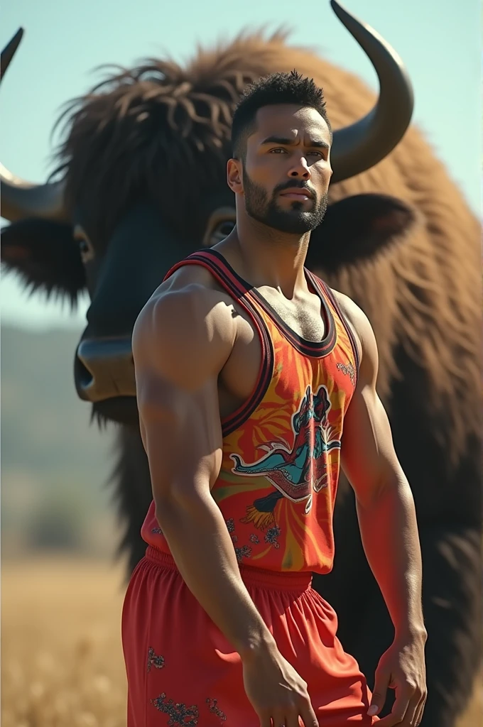 Handsome guy wearing a basketball shirt, no pants, can see a big buffalo.