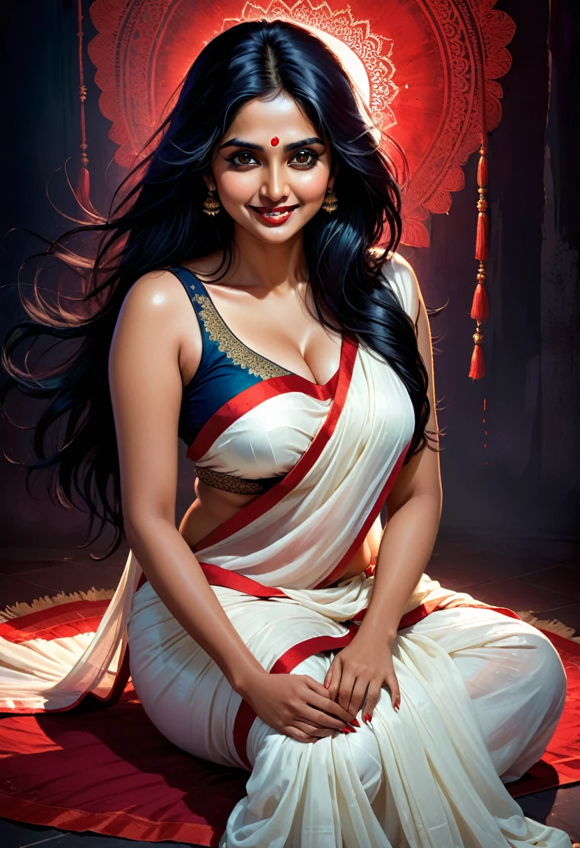 Digital illustration with a dark, eerie style. The layout features a central figure, an indian woman with long, disheveled black hair, towards the viewer., sitting with a sensual pose, one hand is calling someone, Her skin is pale, and her eyes are glowing white, cleavage, (full body) (sensual pose) sexy round figure, slight chubby, big breast, fantastic beautiful face, scary looks, cruel smile on face, blood on teeth, giving her a menacing appearance. She has a wide, sinister grin with sharp teeth. The woman is dressed in a white sari with red border (sleeveless) , dark atmosphere, bluish night effect,