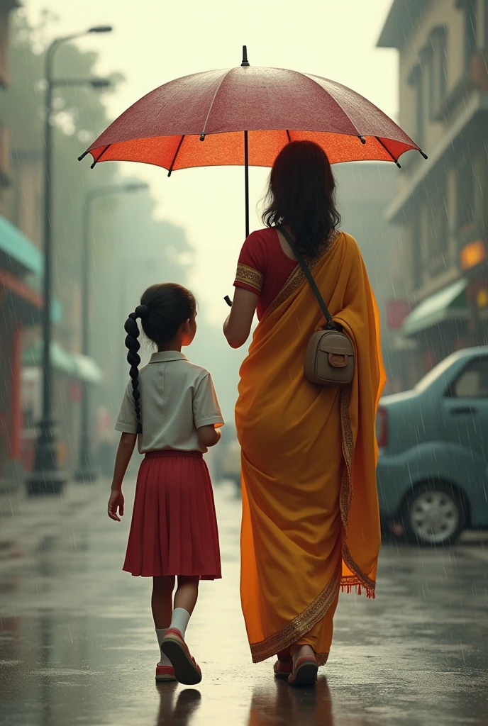 3d image of a  with her mother coming back home from school and her mother wears a saree and an umbrella and it's raining 