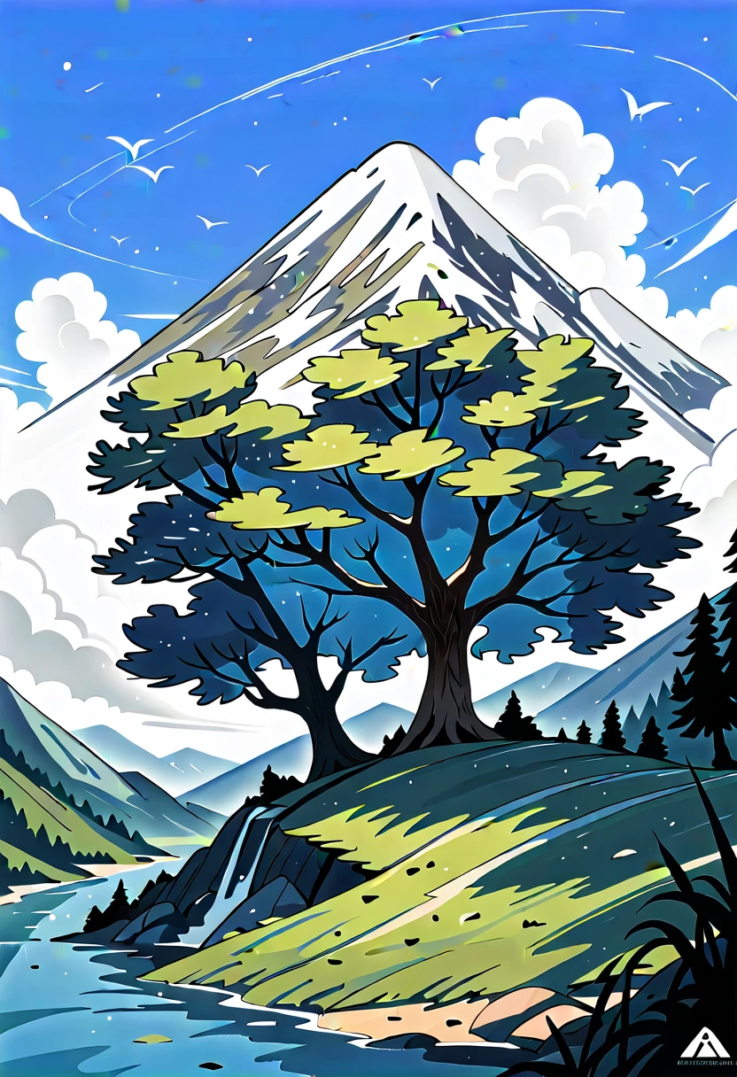 impressive painting of a mountain with trees and water, a detailed painting by Petros Afshar, shutterstock contest winner, environmental art, detailed painting, outlined art, 2d game art, isolated background for logo, strong contours, logo design