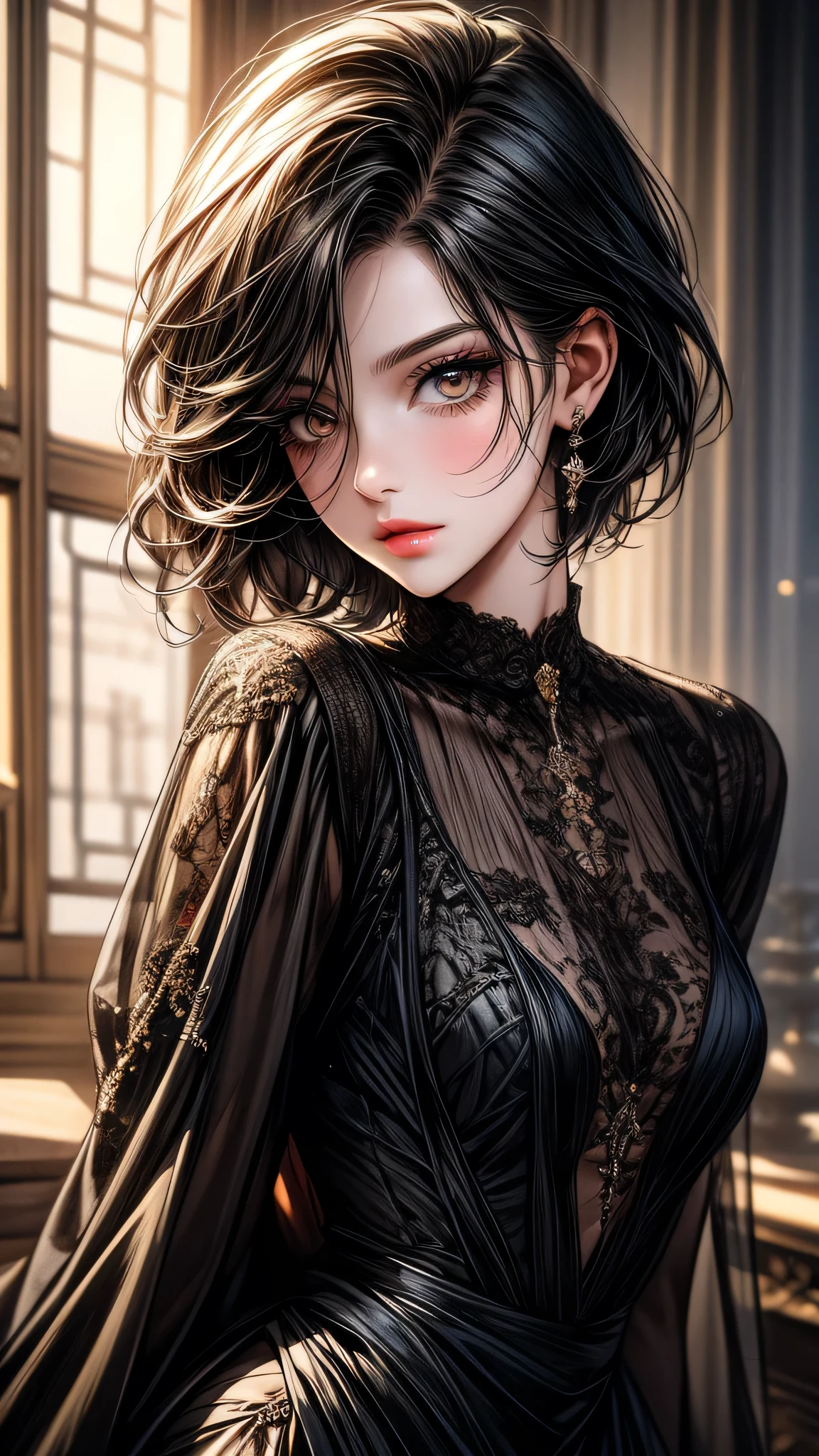 A cute girl, little sister, beautiful detailed eyes,beautiful detailed lips, black hair, short hair, yellow eyes, off-soldiers, beautiful dress, extremely detailed eyes and face,long eyelashes, illustration, ultra-detailed, best quality, 4k, 8k, highres, masterpiece:1.2,ultra-fine painting,sharp focus,professional,vivid colors,portraits, parted lips.