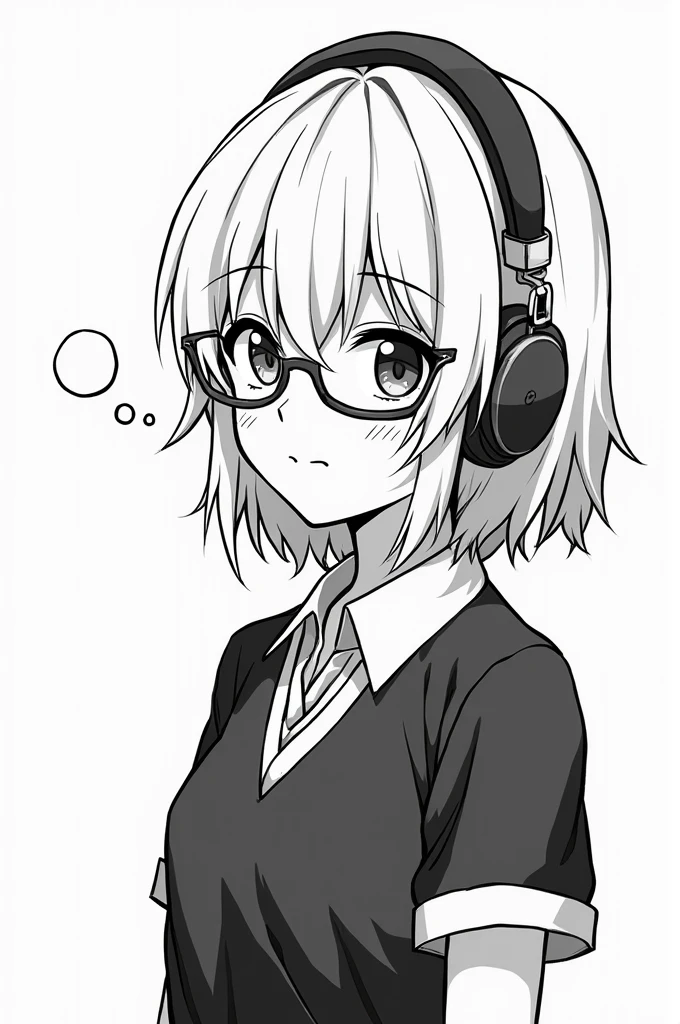 jujutsu kaisen, shoko ieiri wearing glasses and headphones. with a thinking bubble above her head. black and white background. 