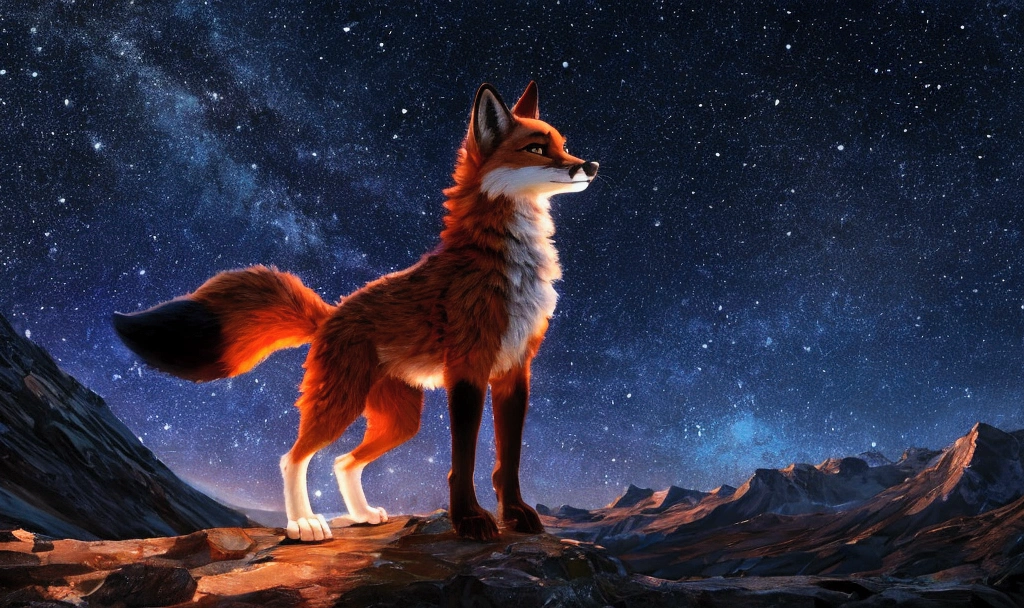 fox character with detailed character galaxy fur, levitating character, clear starry night background, 8k , hyper realistic