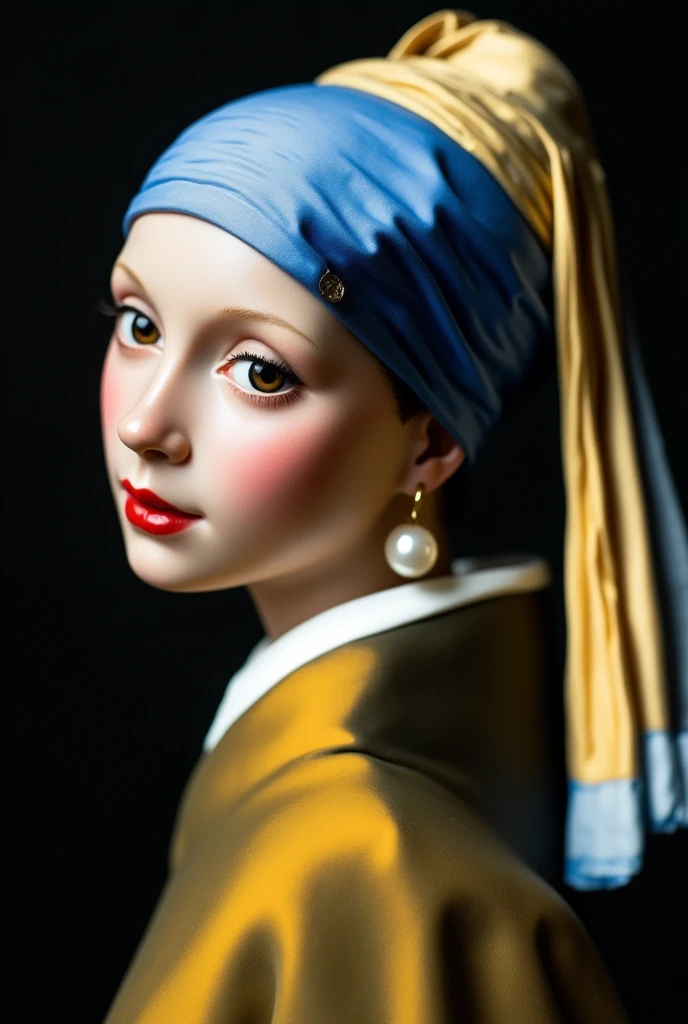 antique porcelain doll "Girl with a Pearl Earring" by Jan Vermeer, half-turned, looking at the viewer, a turban on her head, a pearl earring in her ear