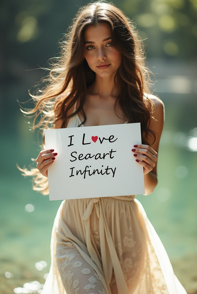 Beautiful girl with wavy long hair, bohemian dress, holding a white board with text "I Love Seaart Infinity" and showing it to the viewer