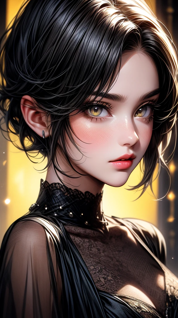 A cute girl, little sister, beautiful detailed eyes,beautiful detailed lips, black hair, short hair, yellow eyes, off-soldiers, beautiful black lased dress, extremely detailed eyes and face,long eyelashes, illustration, ultra-detailed, best quality, 4k, 8k, highres, masterpiece:1.2,ultra-fine painting,sharp focus,professional,vivid colors,portraits, parted lips.