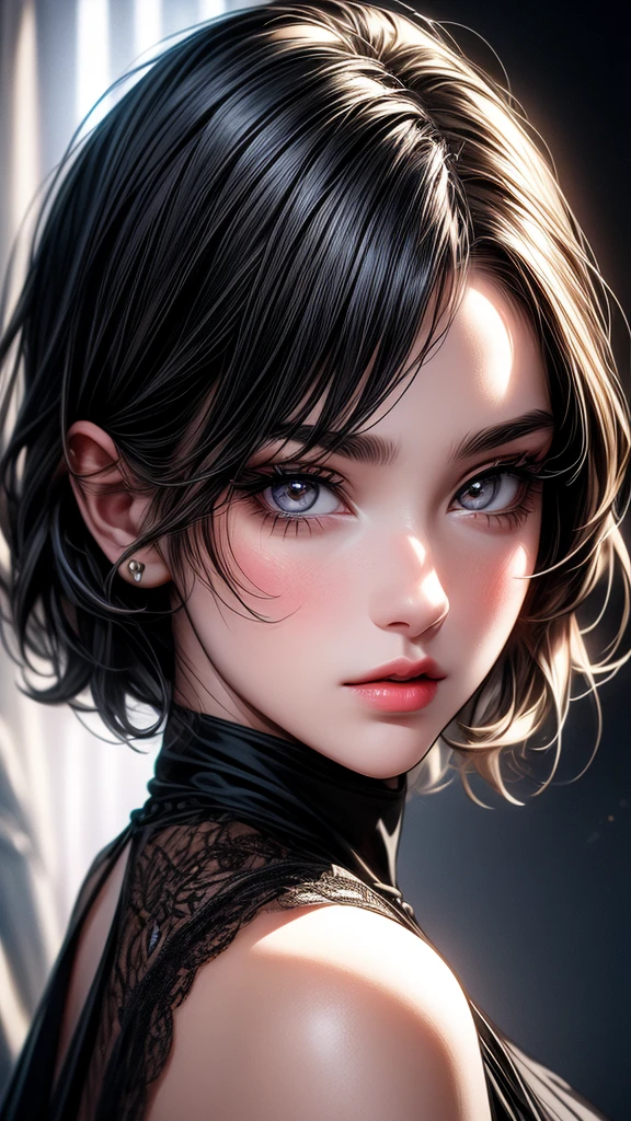 A cute girl, little sister, beautiful detailed eyes,beautiful detailed lips, black hair, short hair, yellow eyes, off-soldiers, beautiful black lased dress, extremely detailed eyes and face,long eyelashes, illustration, ultra-detailed, best quality, 4k, 8k, highres, masterpiece:1.2,ultra-fine painting,sharp focus,professional,vivid colors,portraits, parted lips.