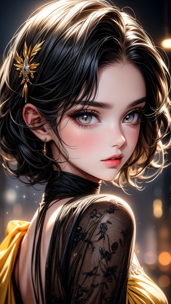 A cute girl, little sister, beautiful detailed eyes,beautiful detailed lips, black hair, short hair, yellow eyes, off-soldiers, beautiful black lased dress, extremely detailed eyes and face,long eyelashes, illustration, ultra-detailed, best quality, 4k, 8k, highres, masterpiece:1.2,ultra-fine painting,sharp focus,professional,vivid colors,portraits, parted lips.