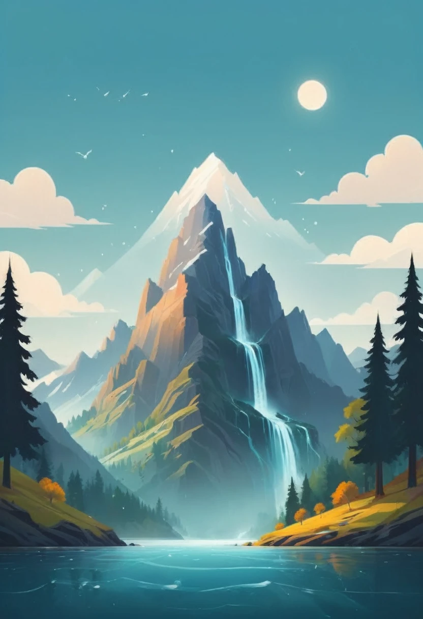 impressive painting of a mountain with trees and water, a detailed painting by Petros Afshar, shutterstock contest winner, environmental art, detailed painting, outlined art, 2d game art, isolated background for logo, strong contours, logo design