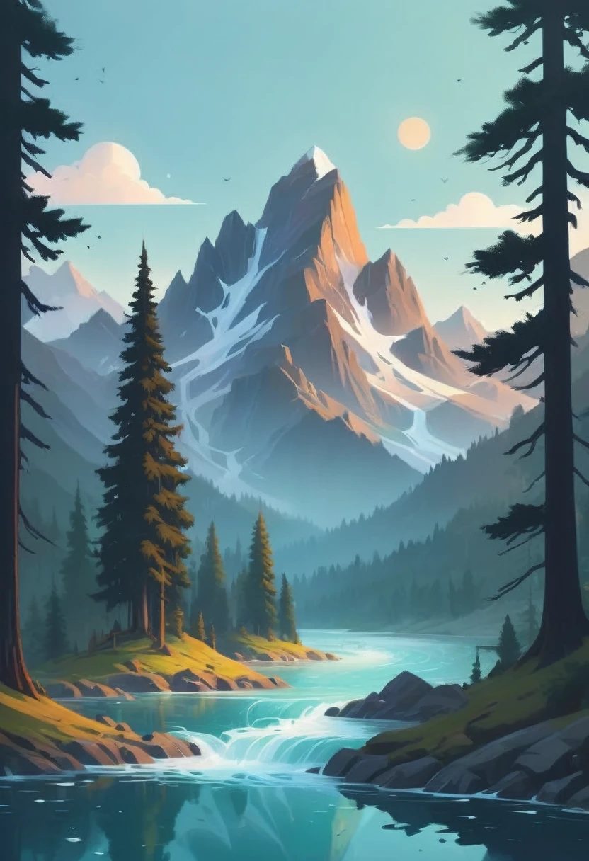 impressive painting of a mountain with trees and water, a detailed painting by Petros Afshar, shutterstock contest winner, environmental art, detailed painting, outlined art, 2d game art, isolated background for logo, strong contours, logo design
