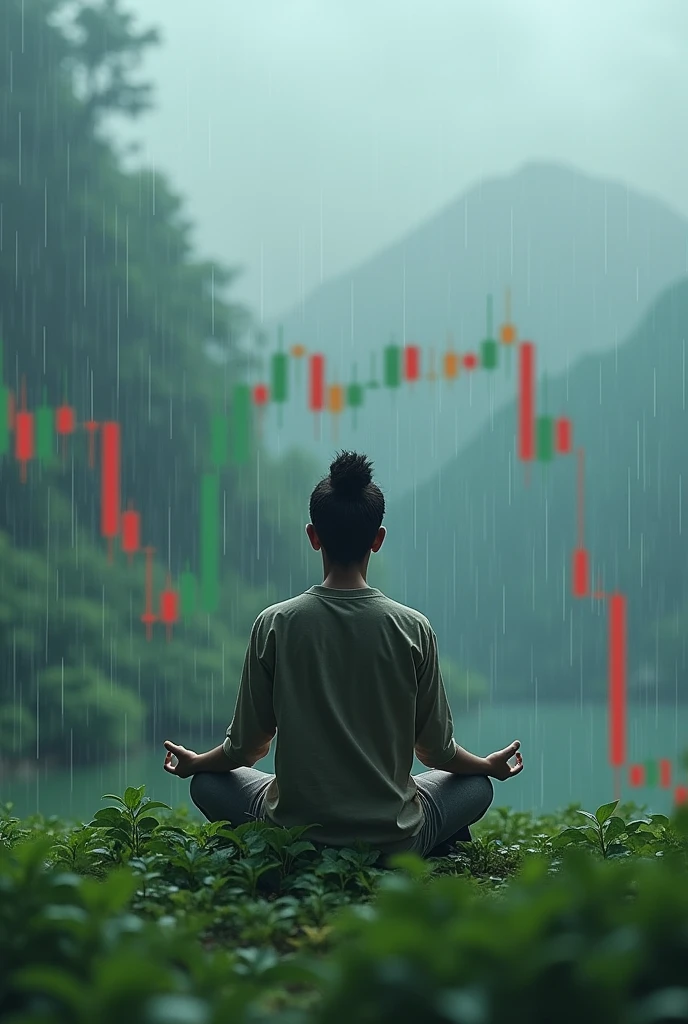 Candlestick chart with meditation in rain