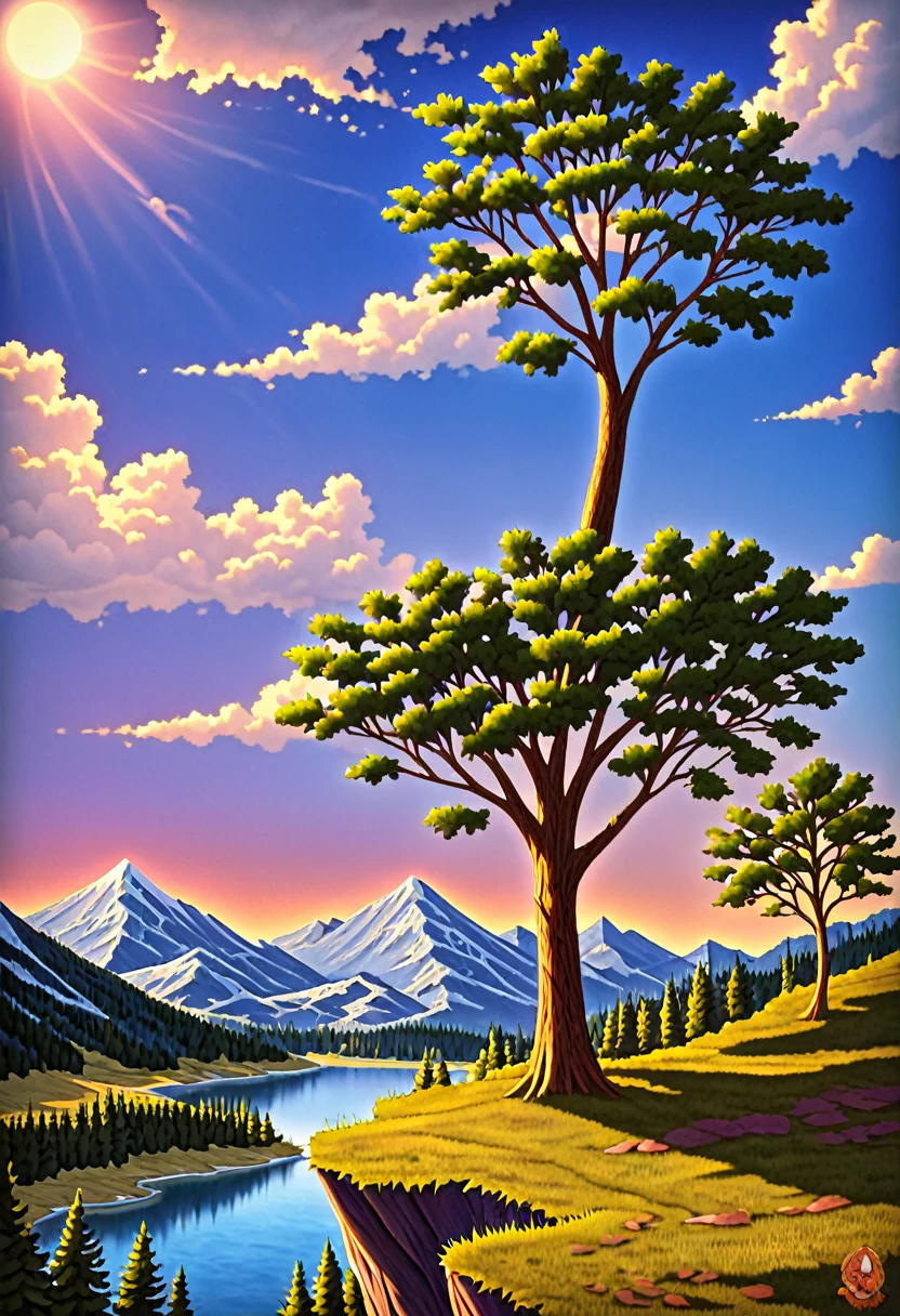 impressive painting of a mountain with trees and water, a detailed painting by Petros Afshar, shutterstock contest winner, environmental art, detailed painting, outlined art, 2d game art, isolated background for logo, strong contours, logo design
