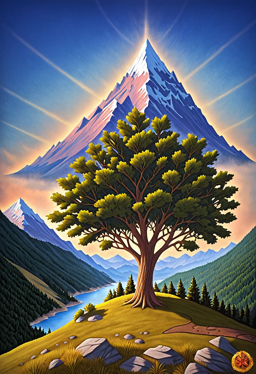 impressive painting of a mountain with trees and water, a detailed painting by Petros Afshar, shutterstock contest winner, environmental art, detailed painting, outlined art, 2d game art, isolated background for logo, strong contours, logo design