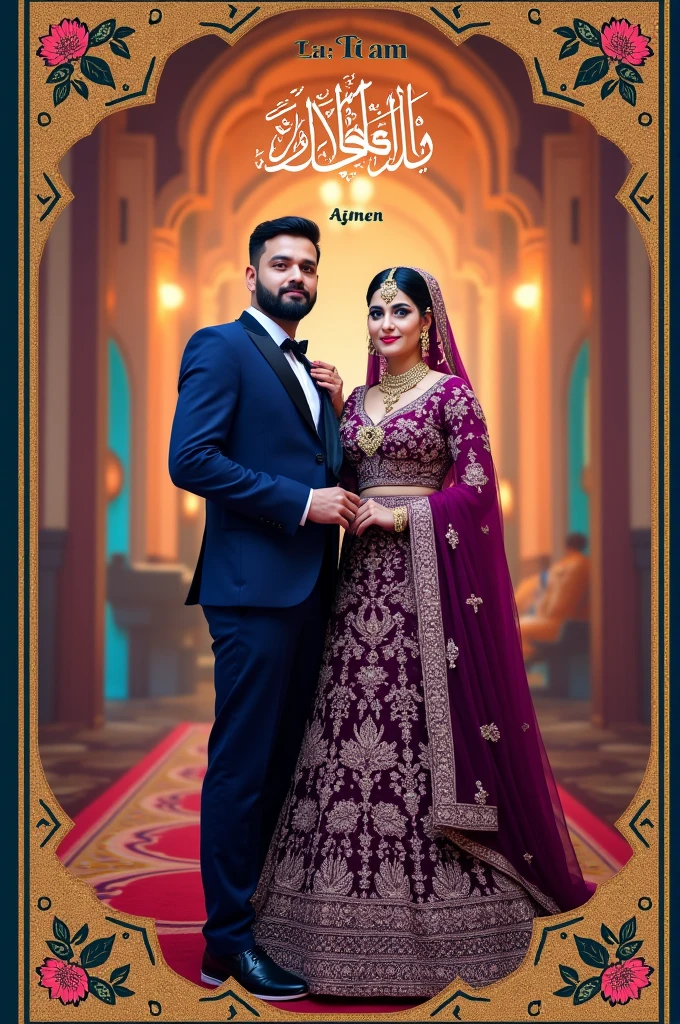 Generate a pakistani wedding postcard on which a quranic verse related to marriage was mentioned on the top and it was also writtem "Thank You for Coming to the Walima of Abubakar Atiq & Aimen. And also generate a pakistani bride (wearing Purple dress) & groom (Wearing navy blue 3 piece suit) image in the corner. 