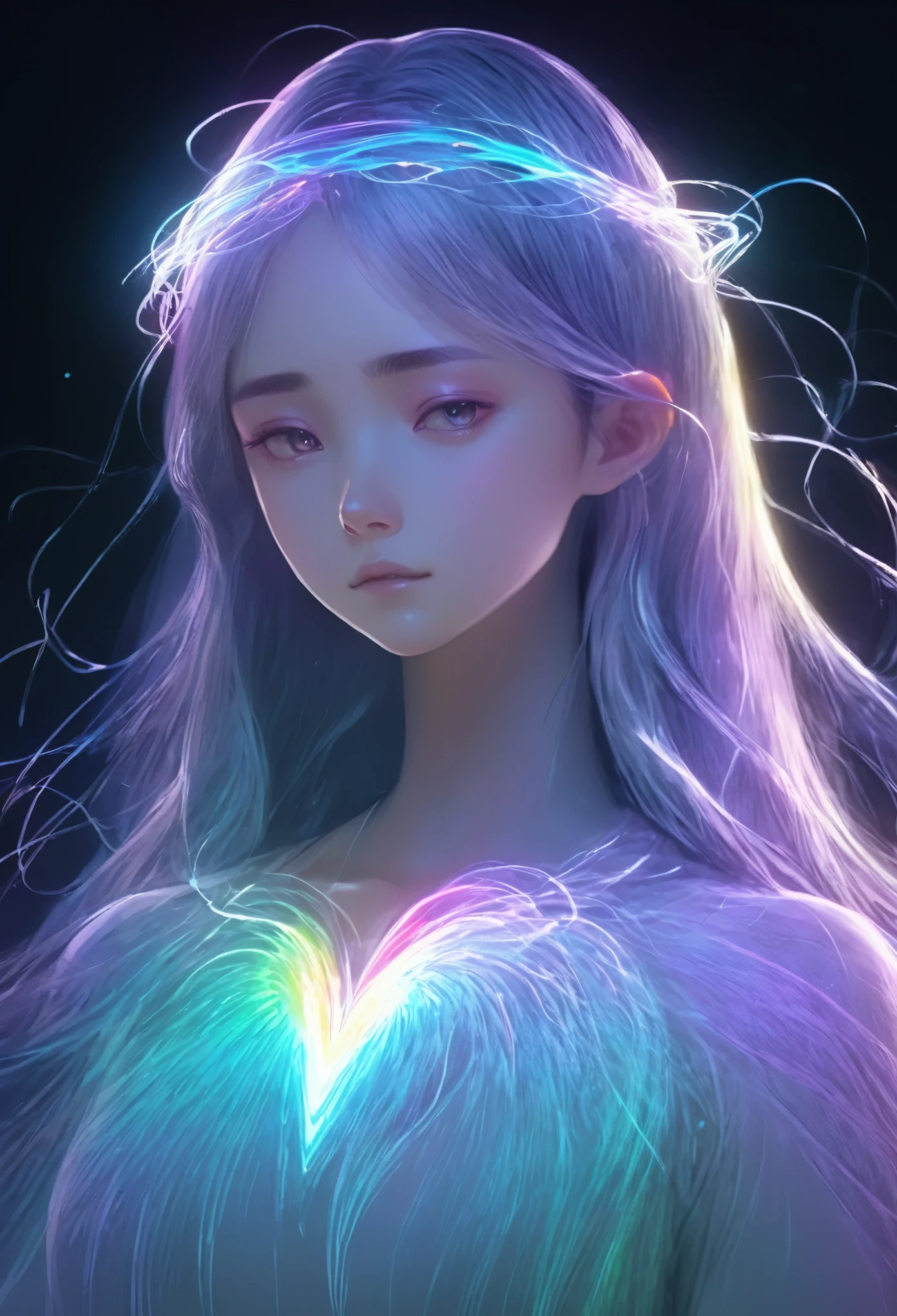 character concept design,1girl,half body,ojou-sama posture,incredibly long hair,light painting,time-lapse photography,Diffuse gradient,vertical random light line,colorful heart，Angel，Beautiful face