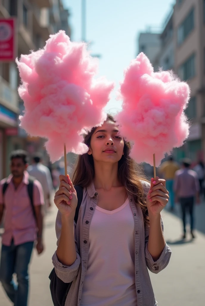 A boy age 27 south India from andhrapradesh wear jeans and t-shirt dusky skin and there was a girl age 25 north India from mumbai looks very modern she wears western dress looks very beautiful and active. Both them are walking on Mumbai streets suddenly they saw cotton candy she is having cotton candy he romantically seeing her.