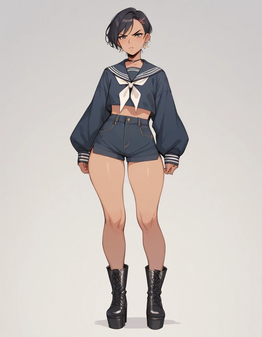 A young girl standing in a plain white background, in a stiff posture. She is short in height, with a small chest and noticeably wide hips. Her expression is intense, with her eyes glaring as if she’s challenging anyone who looks at her. She’s dressed in a black sailor uniform and black platform boots, giving her a rebellious and tough appearance. The overall atmosphere is stark and confrontational, with the simplicity of the background emphasizing her strong presence