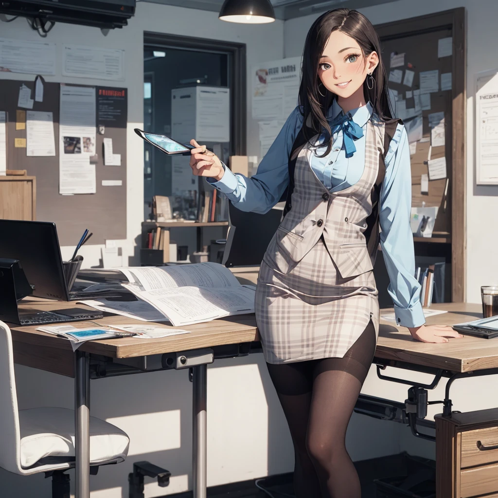(Best Quality, Masterpiece),Wearing a pink plaid vest, White short sleeved shirt, Gray pencil skirt, Wear stiletto heels, Necklace, earrings, Cute face, Smile, Blushing, Shyness, Glass wall, Ultra Detail, Realistic, Front view, Whole body, stunning, cute, warm smile, hourglass figure, apron, text, chart, advertising, magazine title(Best Quality, Masterpiece), Mag((((1ladyl,)))) (masterpiece), (realistic), (best quality), (ultra-detailed), (wearing in [[white and gray check pattern]] Vest worn over white collared long-sleeved shirt:1.4), (gray vest with buttons:1.2), (Pink Theme:1.2), (blue ribbon ribbon:1.3), (Black theme:1.4), (Tight black pencil skirt:1.5), ((Brown pantyhose)), (high-heels:1.1),longskirt,office desk, office chair,Lulubre Unity 8K Wallpaper, pantyshot, long brown hair, office lady Magazine Cover, 1girl,  amazing, girl, 30 years old, house wiife, warm smile, hourglass figure, text, chart, advertising, magazine title