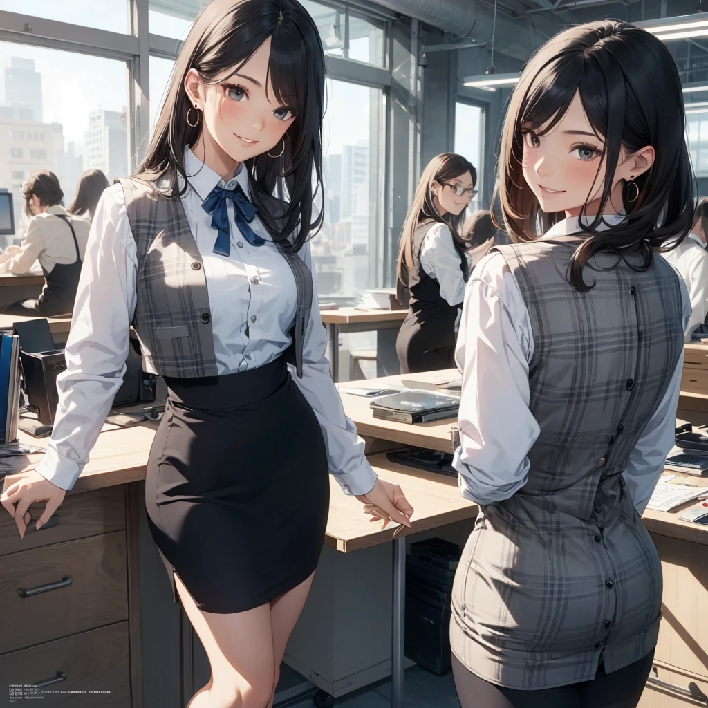 (Best Quality, Masterpiece),Wearing a pink plaid vest, White short sleeved shirt, Gray pencil skirt, Wear stiletto heels, Necklace, earrings, Cute face, Smile, Blushing, Shyness, Glass wall, Ultra Detail, Realistic, Front view, Whole body, stunning, cute, warm smile, hourglass figure, apron, text, chart, advertising, magazine title(Best Quality, Masterpiece), Mag((((1ladyl,)))) (masterpiece), (realistic), (best quality), (ultra-detailed), (wearing in [[white and gray check pattern]] Vest worn over white collared long-sleeved shirt:1.4), (gray vest with buttons:1.2), (Pink Theme:1.2), (blue ribbon ribbon:1.3), (Black theme:1.4), (Tight black pencil skirt:1.5), ((Brown pantyhose)), (high-heels:1.1),longskirt,office desk, office chair,Lulubre Unity 8K Wallpaper, pantyshot, long brown hair, office lady Magazine Cover, 1girl,  amazing, girl, 30 years old, house wiife, warm smile, hourglass figure, text, chart, advertising, magazine title