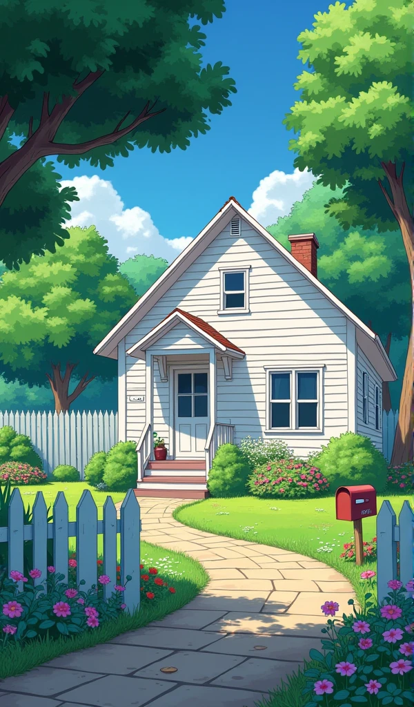 **Anime style a beautiful illustration of an American small wooden home in the distance, a white wooden house with white trim and a green tree in the front yard with a path to the door, beautiful colorful flowers, mail box, stone pavement leading house door, white fence ,a mail box with a letter on it, a bright sunny day, a lush garden with flowers, in the style of Hayao Miyazaki, in the Studio Ghibli style, vibrant colors, ultra detailed, high resolution, painting style,