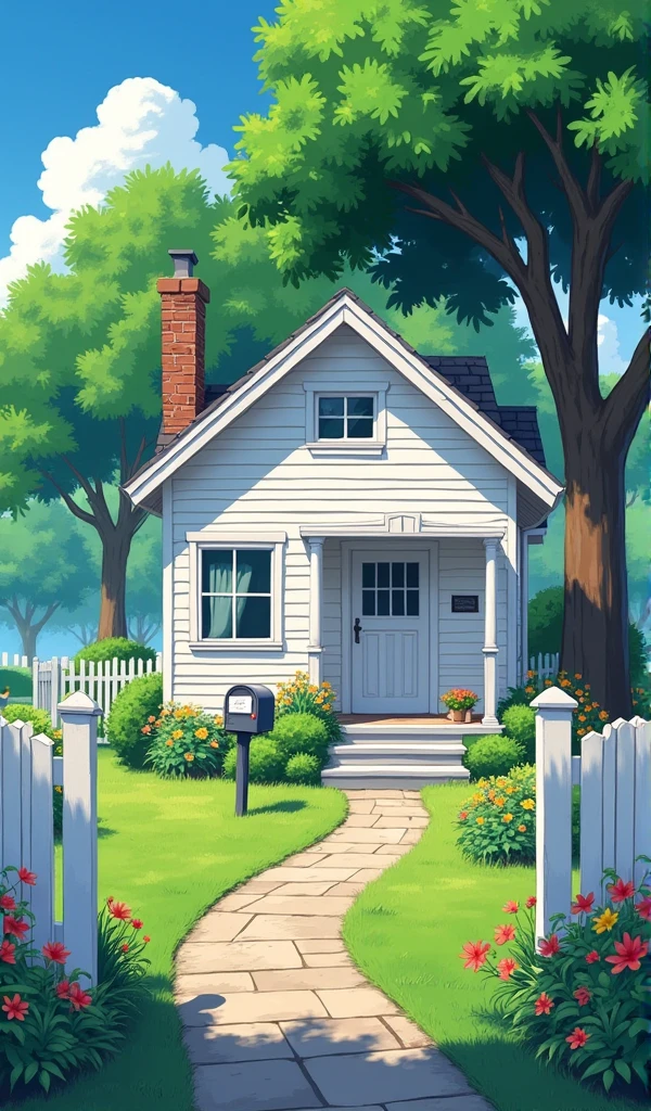 **Anime style a beautiful illustration of an American small wooden home in the distance, a white wooden house with white trim and a green tree in the front yard with a path to the door, beautiful colorful flowers, mail box, stone pavement leading house door, white fence ,a mail box with a letter on it, a bright sunny day, a lush garden with flowers, in the style of Hayao Miyazaki, in the Studio Ghibli style, vibrant colors, ultra detailed, high resolution, painting style,    