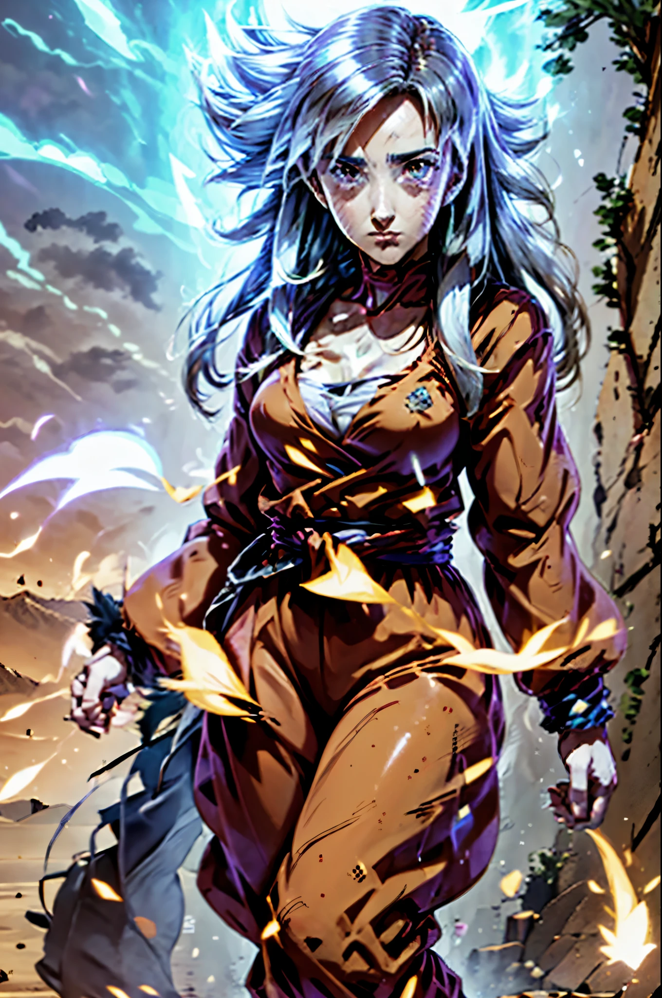 8k, Best Quality, masterpiece, Victoria Villarruel dressed as Goku, 1 girl, ultra_instinct, white_hair, glowing aura, bright white long hair, floating hair raised, bright silver eyes, slim with wide hips, serious mocking expression. outdoor, clearing, plain, desert.