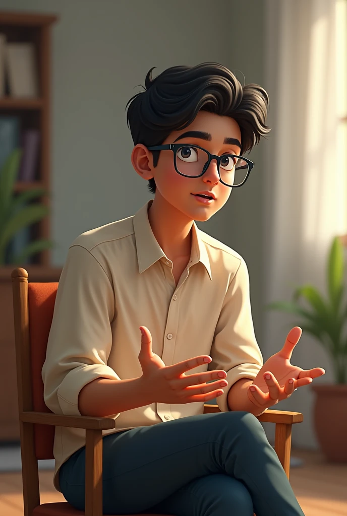 An Indian white teen smart boy with specs tall and handsome sitting and explaining something 